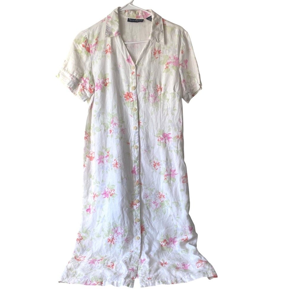 Mercer & Madison Women Linen Floral Button Front Midi Shirt Dress Casual Size 12